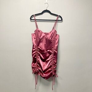 Boohoo Satin Corset Detail‎ Ruched Front Mini Dress Women’s 10 Burgundy NEW